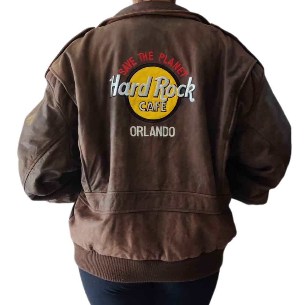Rare VTG Save The Planet Hard Rock Cafe Orlando Leather Varsity Bomber Jacket